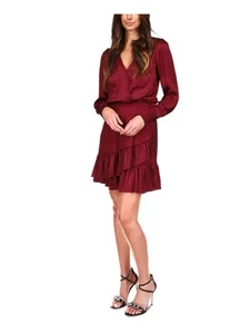 MICHAEL KORS Womens Burgundy Cuffed Pull-on Style Long Sleeve Faux Wrap Dress S - Picture 1 of 11