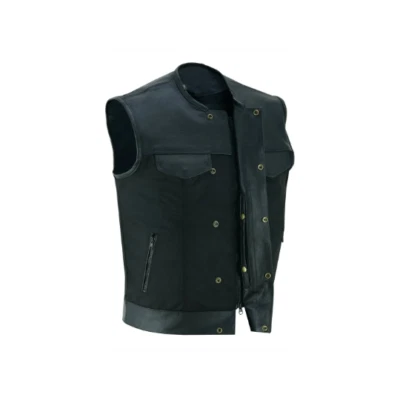 Black Men's Textile Zipper Front Vest with Side Lace and Leather Trimming - Image 1 of 4