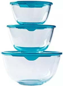 Pyrex Mixing Bowl Set with Lids 05L / 1L / 2L Litre Glass Set of 3 Cook & Store - Picture 1 of 6