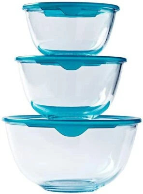 Pyrex Mixing Bowl Set with Lids 0.7L / 1.1L / 2.3L Glass Set of 3 Cook & Store - Image 1 of 4