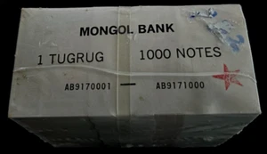Mongolia 1 TUGRIK P-52 1993 x 1,000 Pcs Lot Brick BUNDLE Mongolian Currency NOTE - Picture 1 of 7