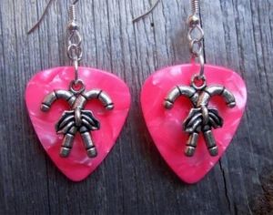 Crossed Candy Cane Charm Guitar Pick Earrings with Surgical Steel Earwires - Picture 1 of 10