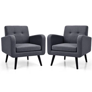 Giantex 2 PCS Mid Century Accent Chair Upholstered Arm Chair Single Sofa Grey - Picture 1 of 11