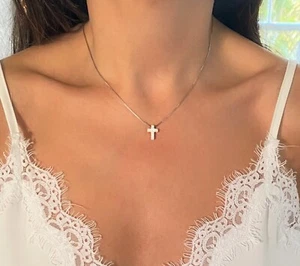 Opal Cross Necklace, White or Blue Opal, 925 Sterling Silver, Gold or Rose Gold - Picture 1 of 10