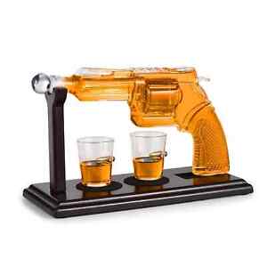 Whisky Karaffe Dekanter Revolver Optik 2 Gläser, Holzständer, Glasstopfen 250 ML