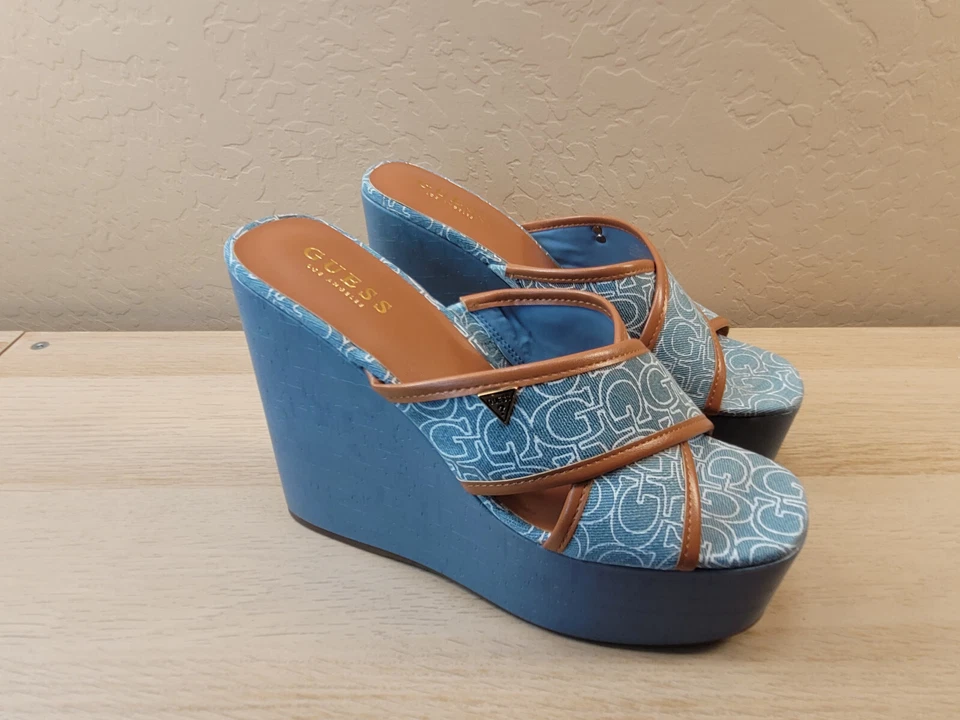 Guess Womens Blue Peep Toe G Print Wedge Heels Size 10 M   EUC - Image 1 of 4