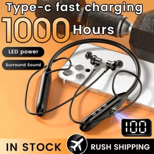 Bluetooth 5.3 Neckband Headphones Mic Wireless Headset Stereo Earbuds Earphone - Picture 1 of 20