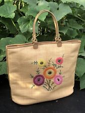 Fossil Woven Straw Embroidered Floral Handbag with Leather Trim