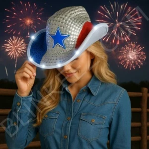 Cappello da cowboy Light Up, USA rosso bianco blu lampeggiante 4 luglio cappello da festa ~๐ - Foto 1 di 14