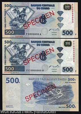 CONGO ZAIRE 500 FRANCS P-96 2002 *SPECIMEN* PH Prefix x 1 PCS UNC DIAMOND NOTE - Image 1 of 2