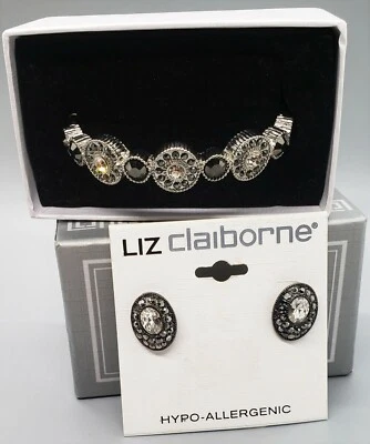 Juego de 2 marcasitas y diamantes de imitación de plata Liz Claiborne: pulsera elástica y pendientes Foto 1 de 4