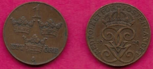 SWEDEN 1 ORE 1929 STRAIGHT 2,RULER GUSTAF V OF SWEDEN DIVIDES DATE,CROWNED DOUBL - Picture 1 of 1