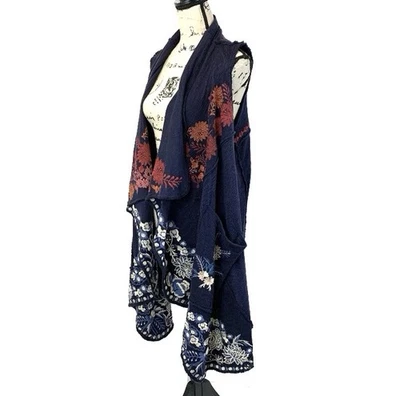 Women M Oversized Embroidered Floral Open Duster Vest Boho Pockets Waterfall - Image 1 of 4