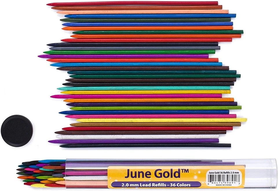 June Gold 36 Assorted Colored Lead Refills 2mm Extra Bold 90 Mm Tall Sharpened