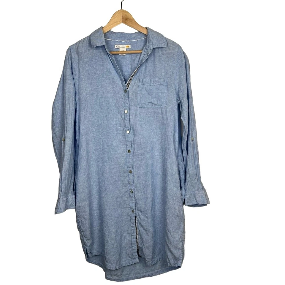 Camisa C&C California Mujer Mediana Azul Lino Camisa Vestido Preppy Hamptons Playa Foto 1 de 4