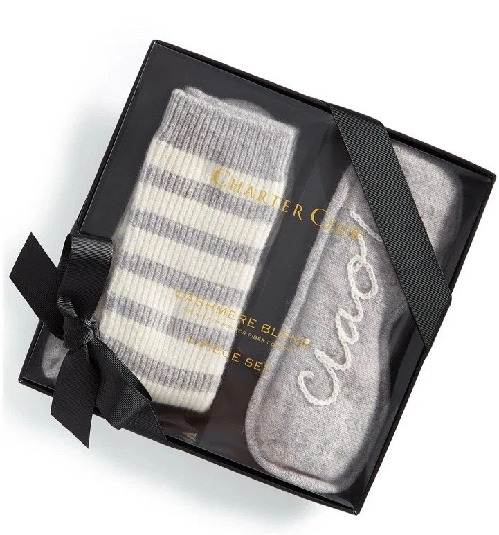 $109 Charter Club Cashmere Ciao Máscara para Dormir + Calcetines Conjunto de Regalo en Caja - Gris/Marfil Foto 1 de 1