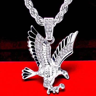 Colgante de águila enchapada en plata circonita helada cadena de cuerda de 20" hip hop para hombre Foto 1 de 2
