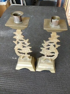 Antique Chinese Candlestick Holders Brass Peacocks with Flowers 11" tall - Picture 1 of 7