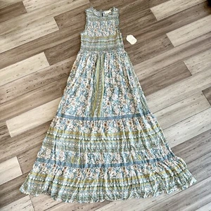 Altard State Women M Floral Smocked Nap Style Bohemian Cotton Maxi Dress Blue - Picture 1 of 10