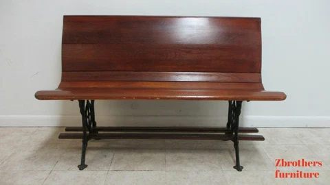 Antique Bench Settee Victorian Cast Iron Oak Church Pew Railroad Gothic  48" C Cover