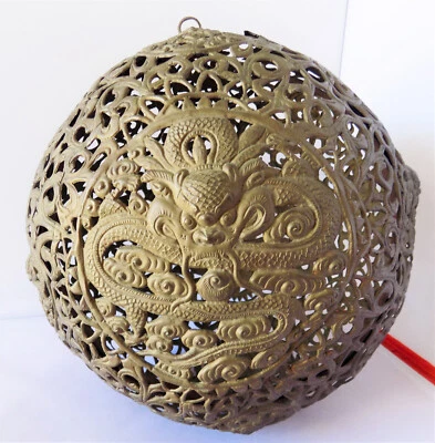 Quemador de incienso chino grande 9" bola latón persiguiendo filigrana dinastía Qing DRAGONES Foto 1 de 4