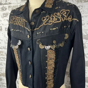 Vtg Style works Black Denim Jacket Women’s S Cropped Metallic Embellished 1980’s - Picture 1 of 16