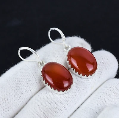 Unico Corniola Gemma Artigianale 925 Sterling Orecchini Argento Per Anniversario - Immagine 1 di 4