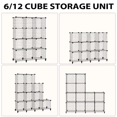 Interlocking Storage Unit 6/12 Cube DIY Wire Grid Bookcase Black Multifunctional - Image 1 of 4