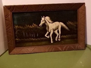 VTG black velvet painting walloping white horse UNSIGNED FRAME - Picture 1 of 20