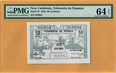NEW CALEDONIA-50 CENTIMES-1943-PICK 54 **UNC PMG 64 EPQ** - Image 1 of 2