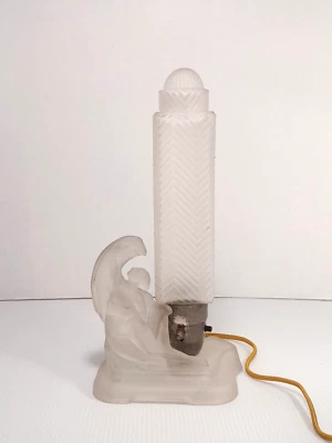 Vtg MCKEE Art Deco Frosted Glass Skyscraper Lady Woman Angel Table Boudoir Lamp - Image 1 of 4