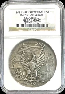 1898 SILVER SWITZERLAND NEUCHATEL SHOOTING FESTIVAL 45MM MEDAL NGC MINT STATE 62 - Picture 1 of 2