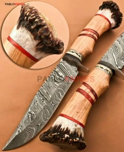 Seltenes handgefertigtes Damaststahl Jagd Bowie Messer mit Hirsch Krone Griff - Bild 1 von 8