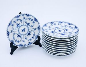 12 Plates #1087 - Blue Fluted - Royal Copenhagen - Full Lace - 1:st Quality