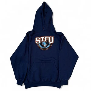 Vintage STFU Funny Collegiate Parody Navy Blue Hoodie Adult Size Medium 90s Y2K - Picture 1 of 6