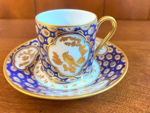 Bernardaud Limoges Demitasse Tasse & Untertasse, kobaltblau geschliffen, vergoldete Vögel, FAB - Bild 1 von 8