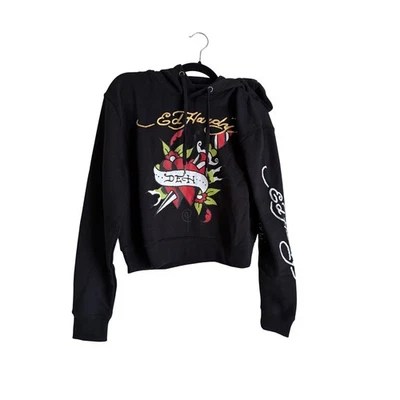 Moletom com capuz gráfico Ed Hardy preto espada coração adaga manga longa feminino tamanho G novo com etiquetas - Imagem 1 de 4