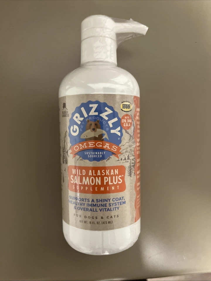 NEW! GRIZZLY OMEGAS WILD ALASKAN SALMON PLUS SUPPLEMENT FOR DOGS & CATS 16 FL OZ - Image 1 of 2