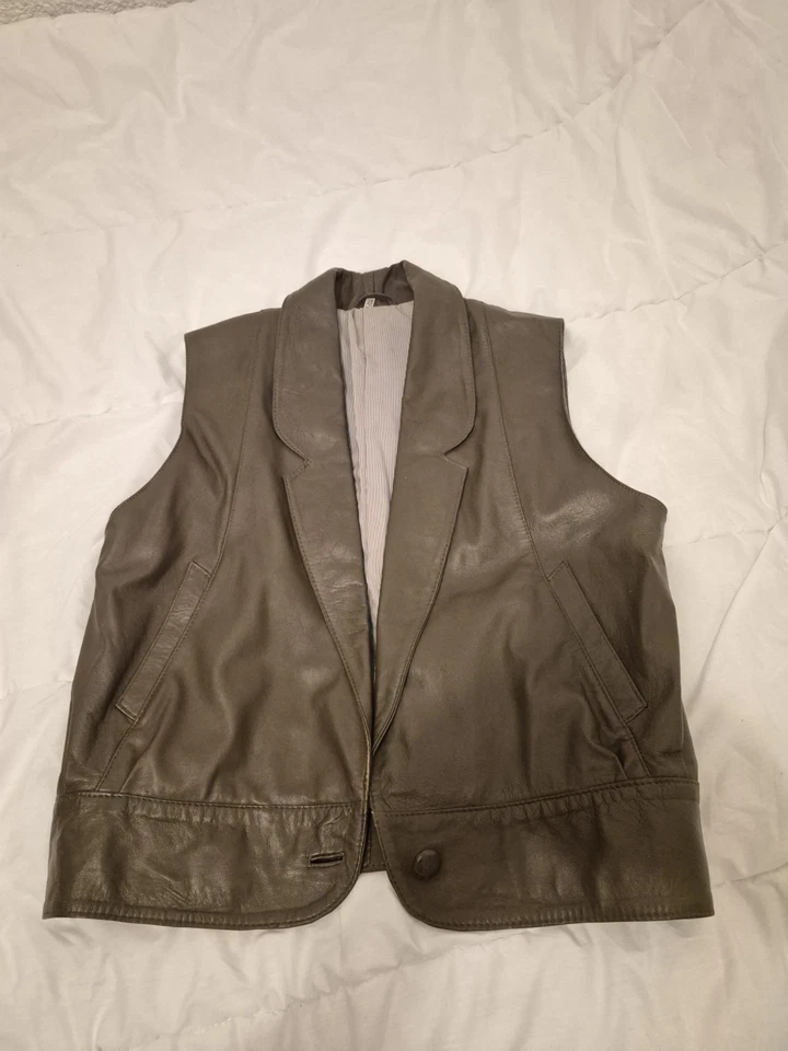 Gilet vintage en cuir véritable – Col tailleur – Années 80/90 – Taille 42 - Photo 1/4
