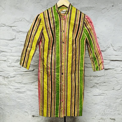 Vtg 50s 60s Nehru Collar Striped Long Coat Striped Hippie Psychedelic Mad Men - Image 1 of 4