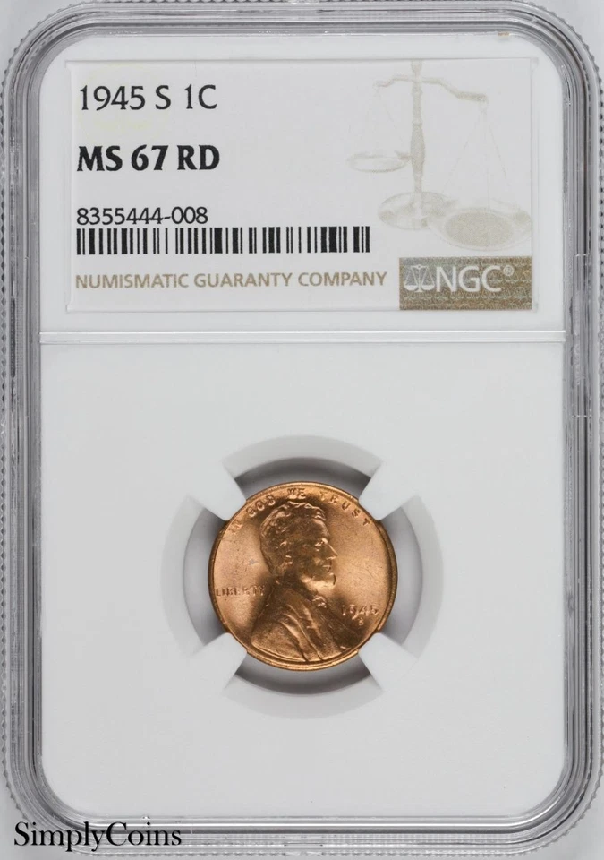 1945-S Lincoln Wheat Penny NGC MS67 RD BU Uncirculated Cent GEM - Image 1 of 2