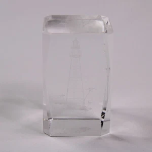 3D Laser Etched Crystal Clear Glass Paperweight Cube Lighthouse With Palm Trees - Picture 1 of 14