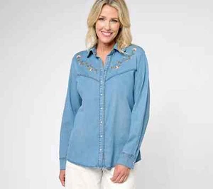 Denim& Co Canyon Retreat Embr Denim Shirt 1X Light wash - Picture 1 of 3