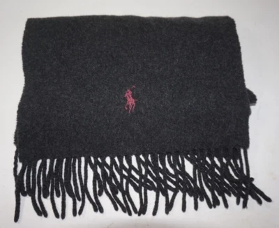 Ralph Lauren 100% Lambs Wool Mens Charcoal Gray Fringe Scarf 12"x54" - Image 1 of 2