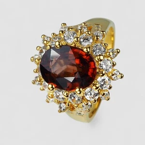 24K Gold Plated Rings Precious Red Zircon 2.72Ct 925 Sterling Silver Size 6.75 - Picture 1 of 8