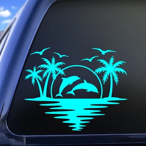 Dolphins Sunset Palm Trees Vinyl Decal - Picture 1 of 3