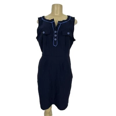 ModCloth Large Women Sheath Navy Blue Dress Sleeveless Henley Neck 29-23 - Image 1 of 4
