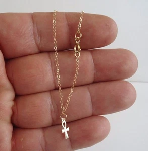 14K SOLID YELLOW GOLD ANKLE BRACELET W/ CROSS CHARM/ 10'' LONG  / USA MADE - Picture 1 of 5