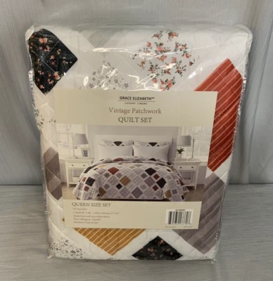 Grace Elizabeth Luxury Linens Vintage Patchwork Fabric Queen Quilt Set, 2 shams - Image 1 of 4
