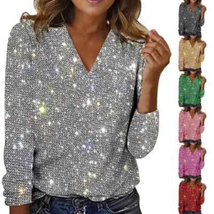 Women's Casual Solid Tops Sequin Long Sleeved V Neck Loose T Shirt Blouse Tops - Picture 1 of 20